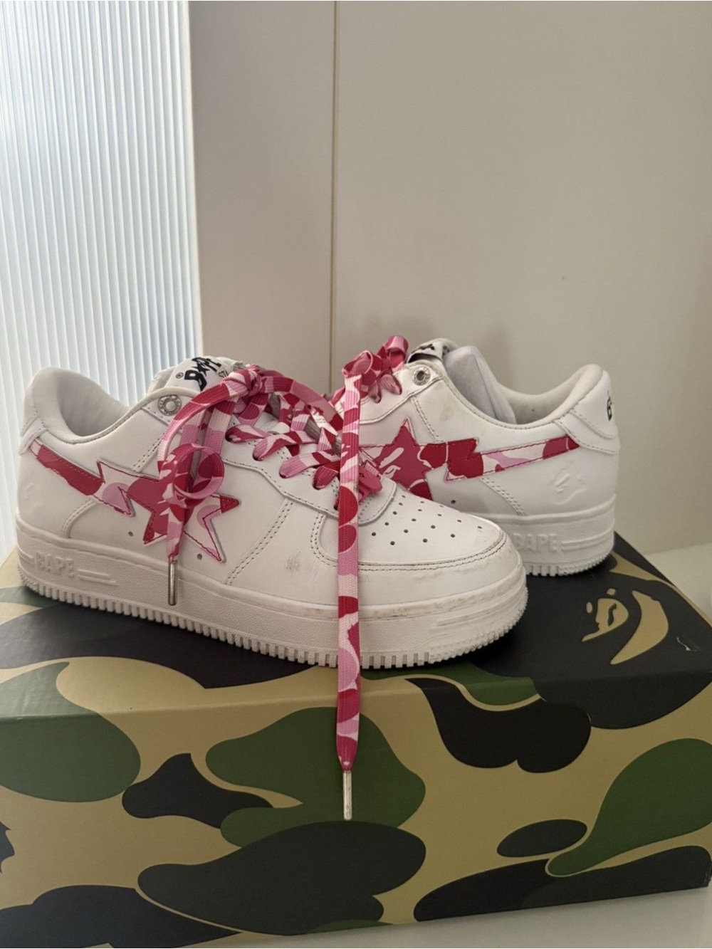 Bape White Sneakers with Pink Camo Star